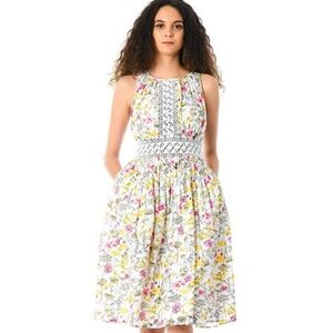 Floral print cotton lace trim ruched dress